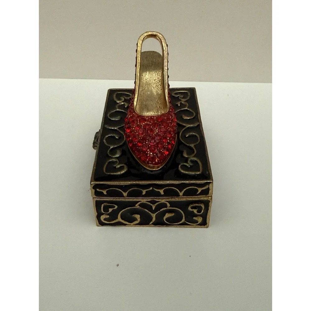 Trinket‎ Pill Box Stiletto High Heel Ruby Red Slipper Jeweled Vintage Enamel